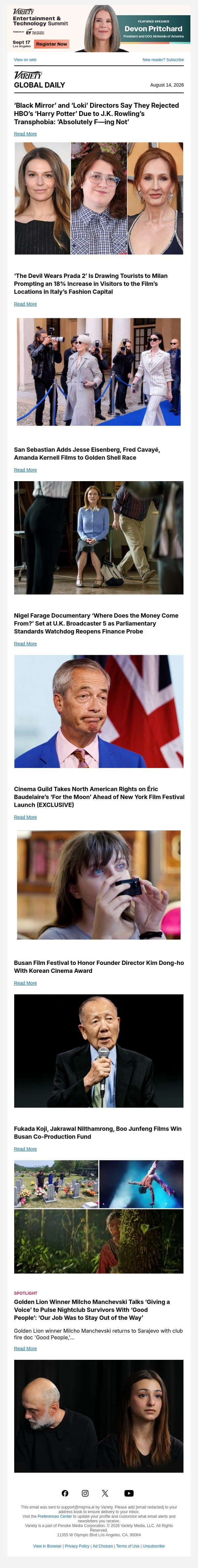 'Potter' Spurned; 'Prada 2' Effect; San Seb Race email from Variety screenshot