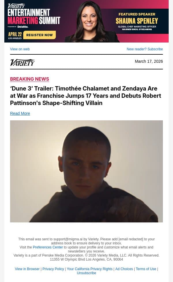 ‘Dune 3’ Trailer: Timothée Chalamet and Zendaya Are at War as Franchise Jumps 17 Years and Debuts Robert Pattinson's Shape-Shifting Villain email from Variety screenshot