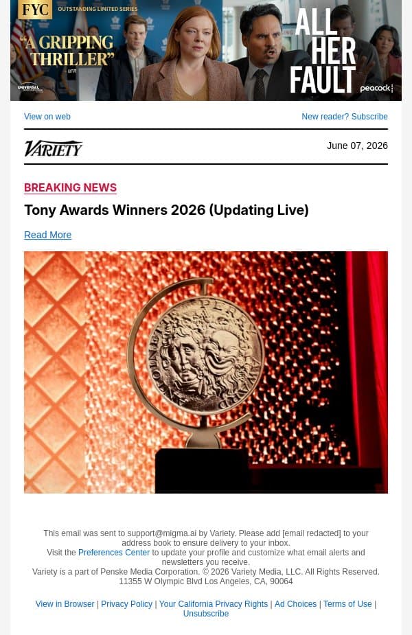 Tony Awards: 'Arthur Miller’s Death of a Salesman' Wins Best Play Revival email from Variety screenshot