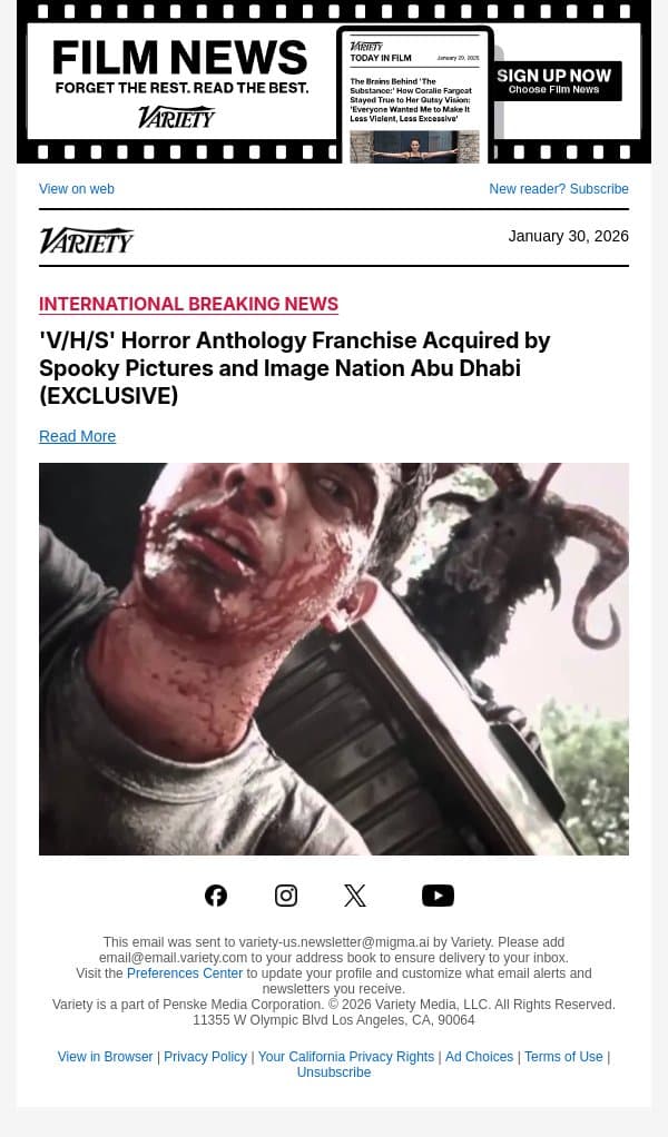 'V/H/S' Horror Anthology Franchise Acquired by Spooky Pictures and Image Nation Abu Dhabi (EXCLUSIVE) email from Variety screenshot