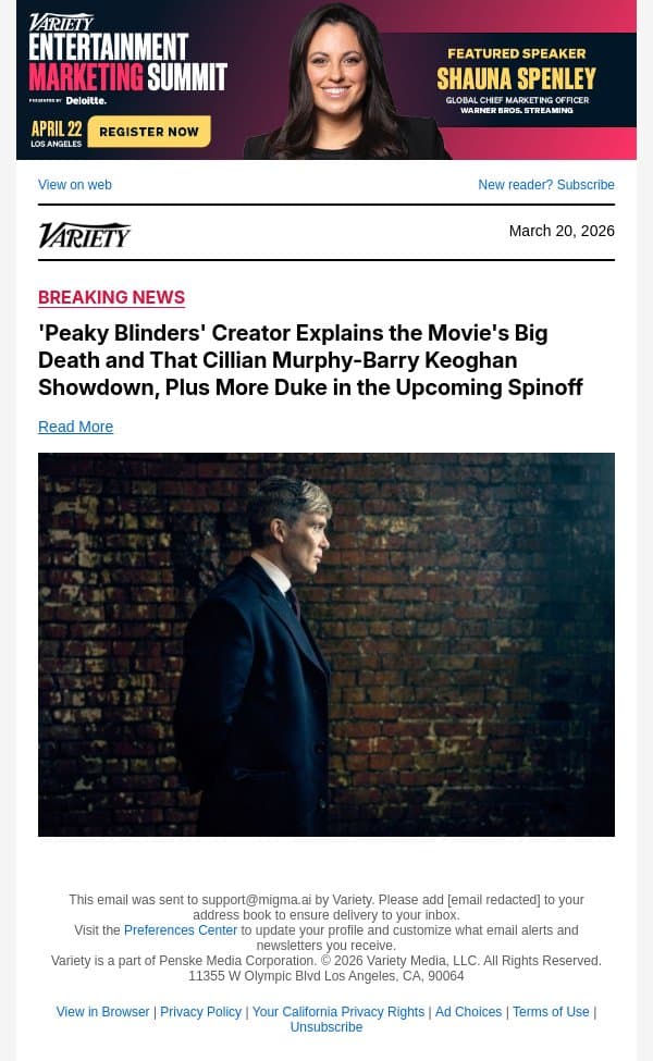 'Peaky Blinders' Creator Explains the Movie's Big Death and That Cillian Murphy-Barry Keoghan Showdown, Plus More Duke in the Upcoming Spinoff email from Variety screenshot