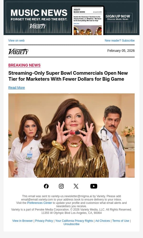 Streaming-Only Super Bowl Commercials Open New Tier for Marketers With Fewer Dollars for Big Game email from Variety screenshot