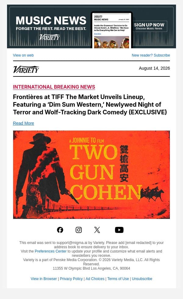 Frontières at TIFF The Market Unveils Lineup, Featuring a ‘Dim Sum Western,’ Newlywed Night of Terror and Wolf-Tracking Dark Comedy (EXCLUSIVE) email from Variety screenshot
