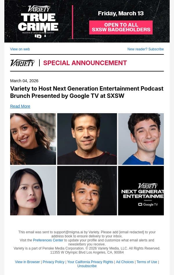 Variety to Host Next Generation Entertainment Podcast Brunch Presented by Google TV at SXSW email from Variety screenshot