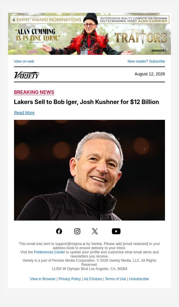 Lakers Sell to Bob Iger, Josh Kushner for $12 Billion email from Variety screenshot