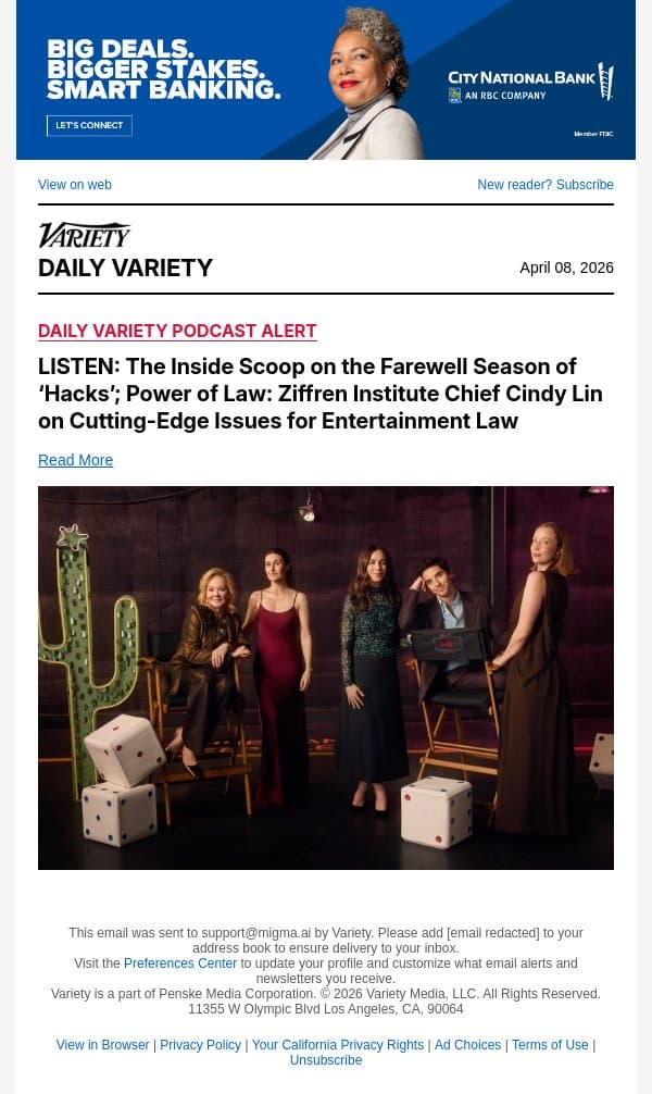 LISTEN: The Inside Scoop on the Farewell Season of ‘Hacks’; Power of Law: Ziffren Institute Chief Cindy Lin on Cutting-Edge Issues for Entertainment Law email from Variety screenshot
