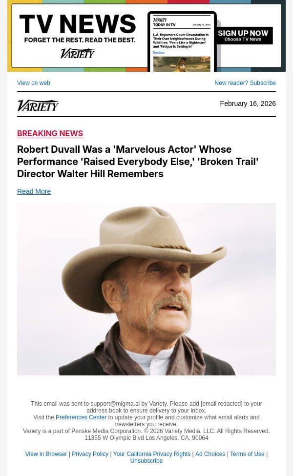 Robert Duvall Was a 'Marvelous Actor' Whose Performance 'Raised Everybody Else,' 'Broken Trail' Director Walter Hill Remembers email from Variety screenshot