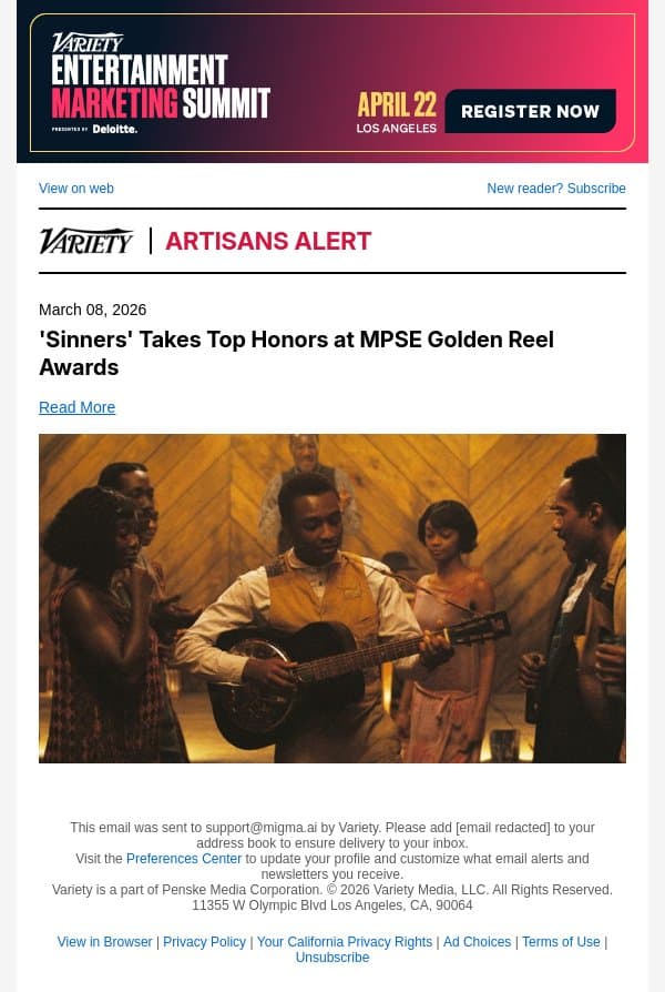 'Sinners' Takes Top Honors at MPSE Golden Reel Awards email from Variety screenshot