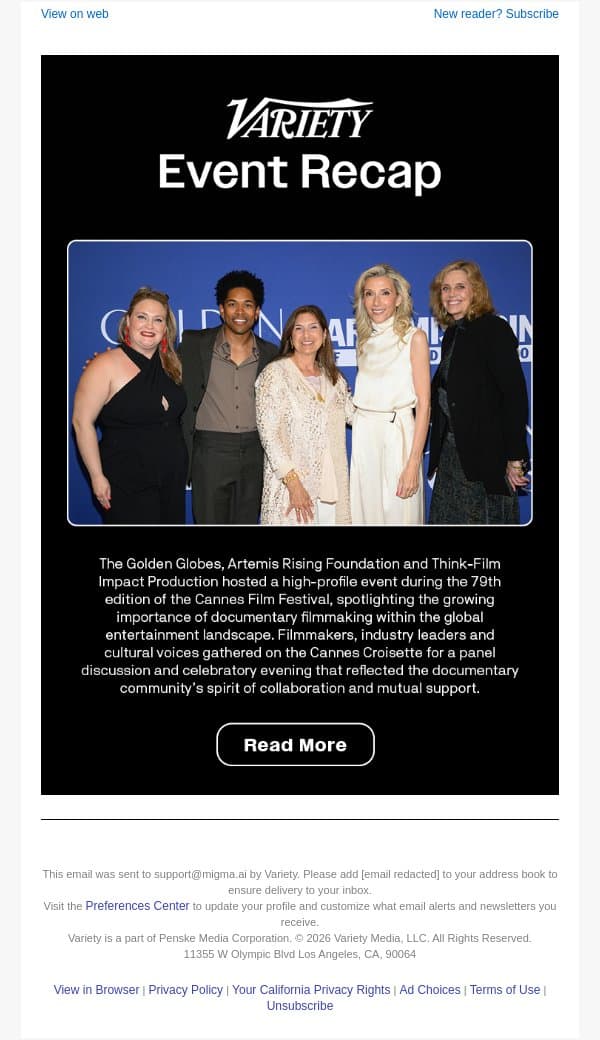 Golden Globes, Artemis Rising Foundation and Think-Film Spotlight Documentaries at Cannes email from Variety screenshot