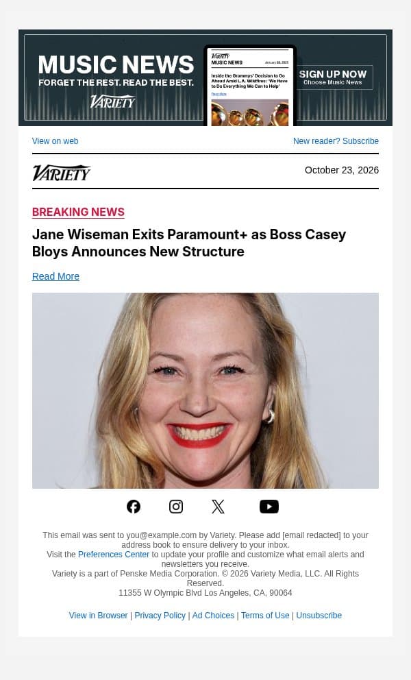 Jane Wiseman Exits Paramount+ as Boss Casey Bloys Announces New Structure email from Variety screenshot