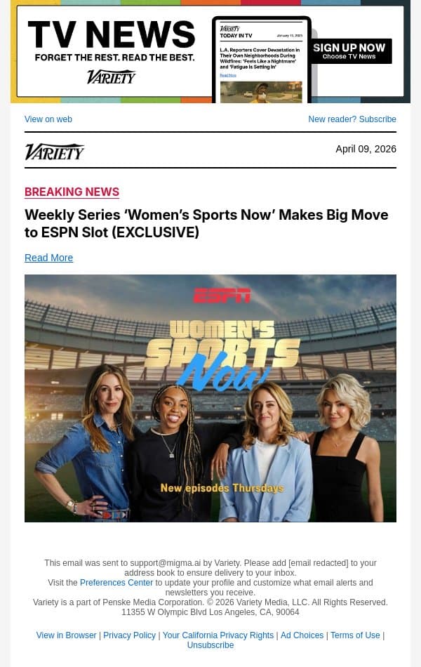 Weekly Series ‘Women’s Sports Now’ Makes Big Move to ESPN Slot (EXCLUSIVE) email from Variety screenshot