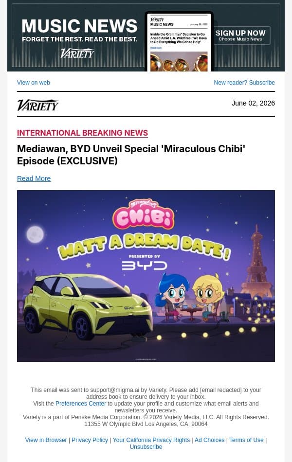 Mediawan, BYD Unveil Special 'Miraculous Chibi' Episode (EXCLUSIVE) email from Variety screenshot