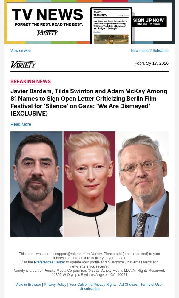 Javier Bardem, Tilda Swinton and Adam McKay Among 81 Names to Sign Open Letter Criticizing Berlin Film Festival for 'Silence' on Gaza: 'We Are Dismayed' (EXCLUSIVE) email from Variety screenshot