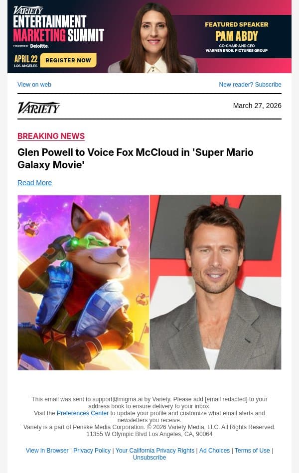 Glen Powell to Voice Fox McCloud in 'Super Mario Galaxy Movie' email from Variety screenshot