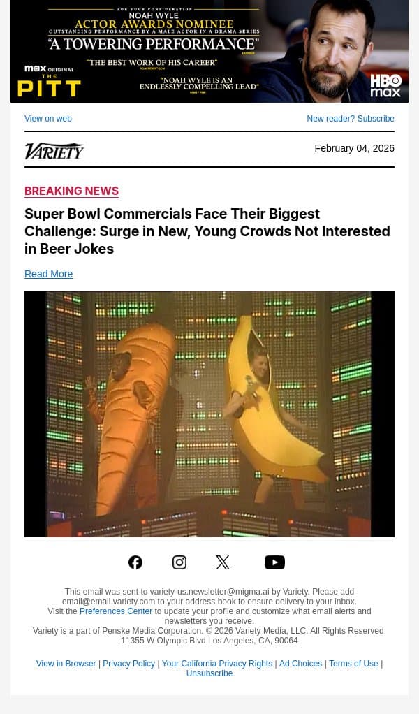 Super Bowl Commercials Face Their Biggest Challenge: Surge in New, Young Crowds Not Interested in Beer Jokes email from Variety screenshot