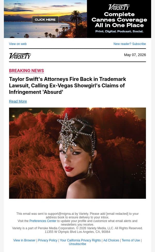 Taylor Swift's Attorneys Fire Back in Trademark Lawsuit, Calling Ex-Vegas Showgirl's Claims of Infringement 'Absurd' email from Variety screenshot