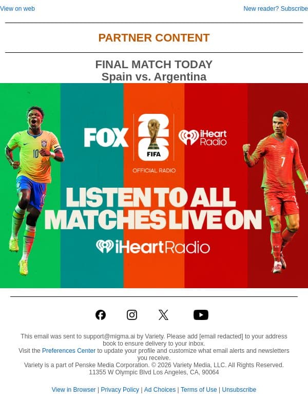 FIFA World Cup 2026™ Finals Today Live on iHeartRadio email from Variety screenshot
