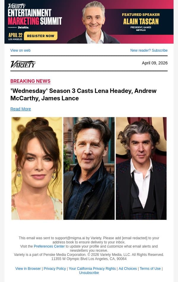 'Wednesday' Season 3 Casts Lena Headey, Andrew McCarthy, James Lance email from Variety screenshot