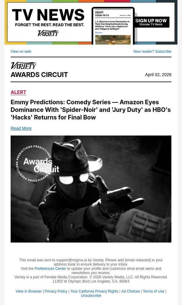 Emmy Predictions: Comedy Series — Amazon Eyes Dominance With 'Spider-Noir' and 'Jury Duty' as HBO's 'Hacks' Returns for Final Bow email from Variety screenshot