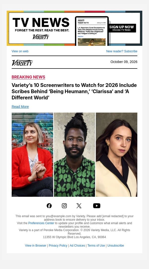 Variety’s 10 Screenwriters to Watch for 2026 Include Scribes Behind ‘Being Heumann,’ ‘Clarissa’ and ‘A Different World’ email from Variety screenshot