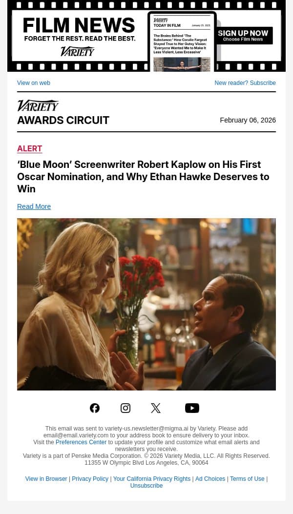 ‘Blue Moon’ Screenwriter Robert Kaplow on His First Oscar Nomination, and Why Ethan Hawke Deserves to Win email from Variety screenshot