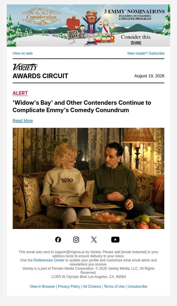 'Widow's Bay' and Other Contenders Continue to Complicate Emmy's Comedy Conundrum email from Variety screenshot