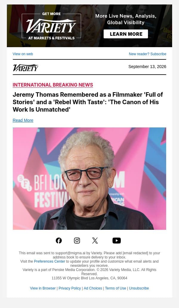 Jeremy Thomas Remembered as a Filmmaker 'Full of Stories' and a 'Rebel With Taste': 'The Canon of His Work Is Unmatched' email from Variety screenshot