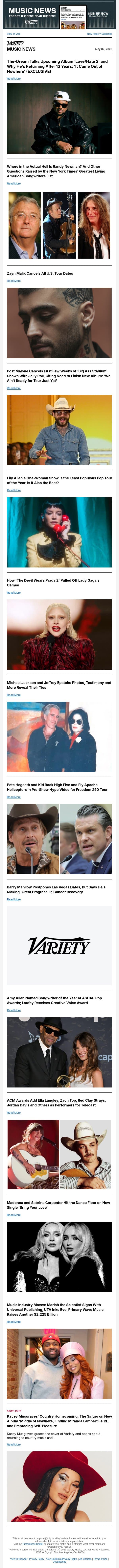 The-Dream on Returning Afer 13 Years; Zayn and Post Malone Cancel Shows; Who's Missing From the NYT Songwriters List email from Variety screenshot