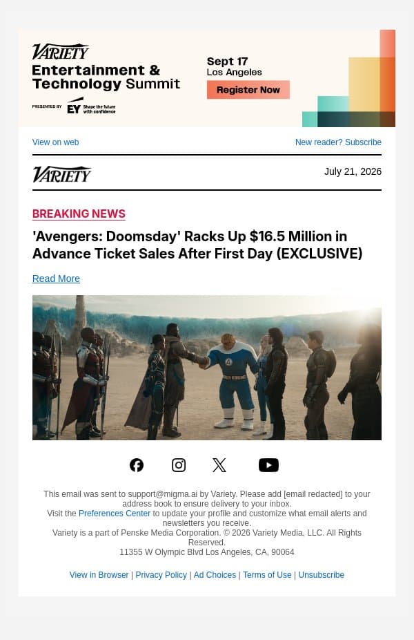 'Avengers: Doomsday' Racks Up $16.5 Million in Advance Ticket Sales After First Day (EXCLUSIVE) email from Variety screenshot