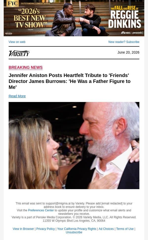 Jennifer Aniston Posts Heartfelt Tribute to 'Friends' Director James Burrows: 'He Was a Father Figure to Me' email from Variety screenshot