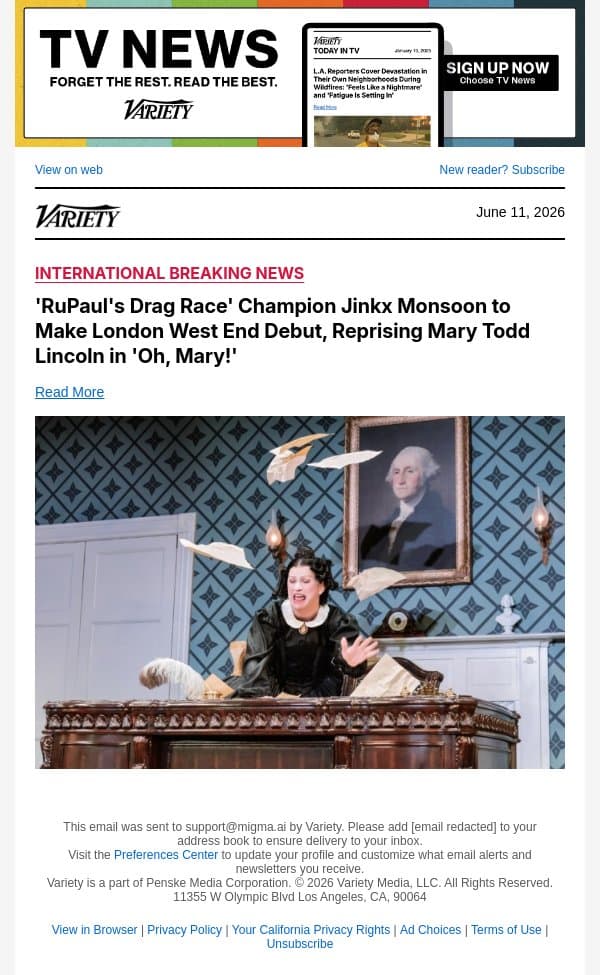 'RuPaul's Drag Race' Champion Jinkx Monsoon to Make London West End Debut, Reprising Mary Todd Lincoln in 'Oh, Mary!' email from Variety screenshot