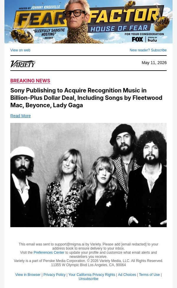 Sony Publishing to Acquire Recognition Music in Billion-Plus Dollar Deal, Including Songs by Fleetwood Mac, Beyonce, Lady Gaga email from Variety screenshot