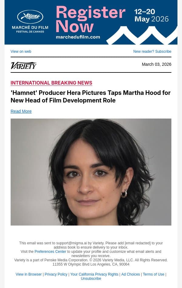 'Hamnet' Producer Hera Pictures Taps Martha Hood for New Head of Film Development Role email from Variety screenshot