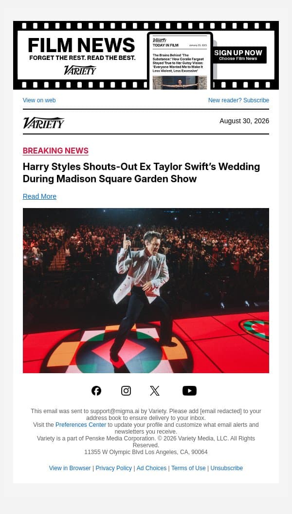 Harry Styles Shouts-Out Ex Taylor Swift’s Wedding During Madison Square Garden Show email from Variety screenshot