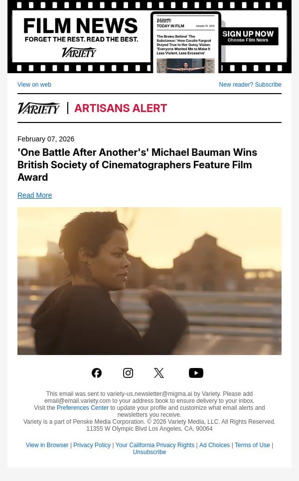 'One Battle After Another's' Michael Bauman Wins British Society of Cinematographers Feature Film Award email from Variety screenshot
