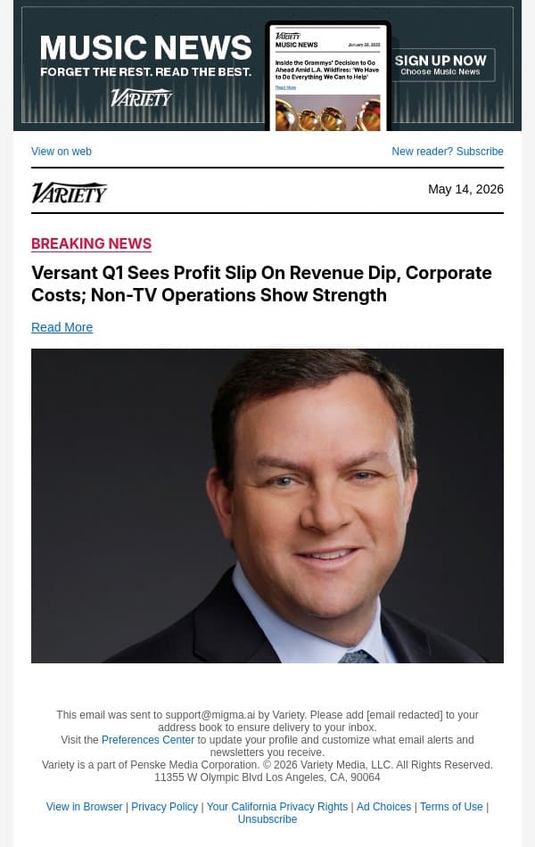 Versant Q1 Sees Profit Slip On Revenue Dip, Corporate Costs; Non-TV Operations Show Strength email from Variety screenshot