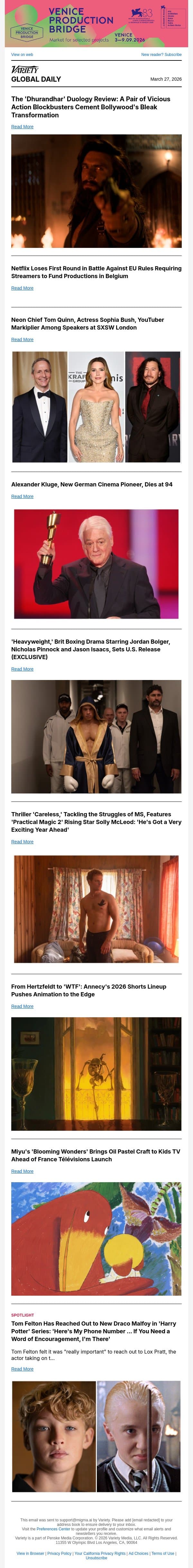 'Dhurandhar' Review; Netflix Loses Appeal Against EU Rules; SXSW London Speakers email from Variety screenshot