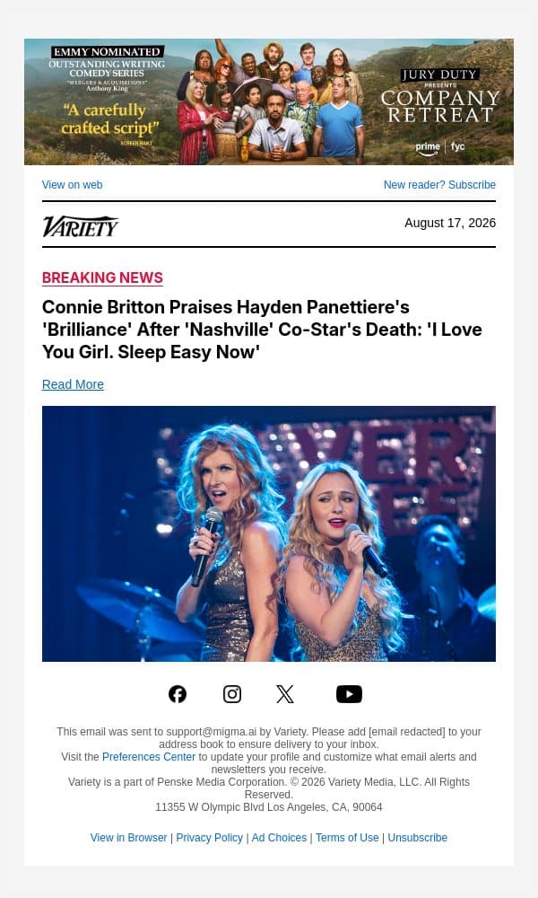 Connie Britton Praises Hayden Panettiere's 'Brilliance' After 'Nashville' Co-Star's Death: 'I Love You Girl. Sleep Easy Now' email from Variety screenshot