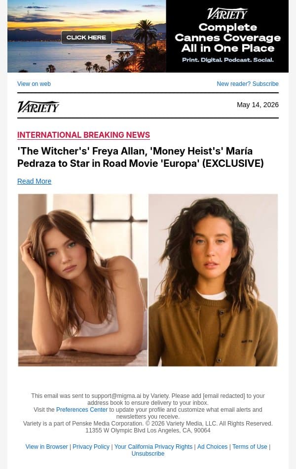 'The Witcher's' Freya Allan, 'Money Heist's' María Pedraza to Star in Road Movie 'Europa' (EXCLUSIVE) email from Variety screenshot