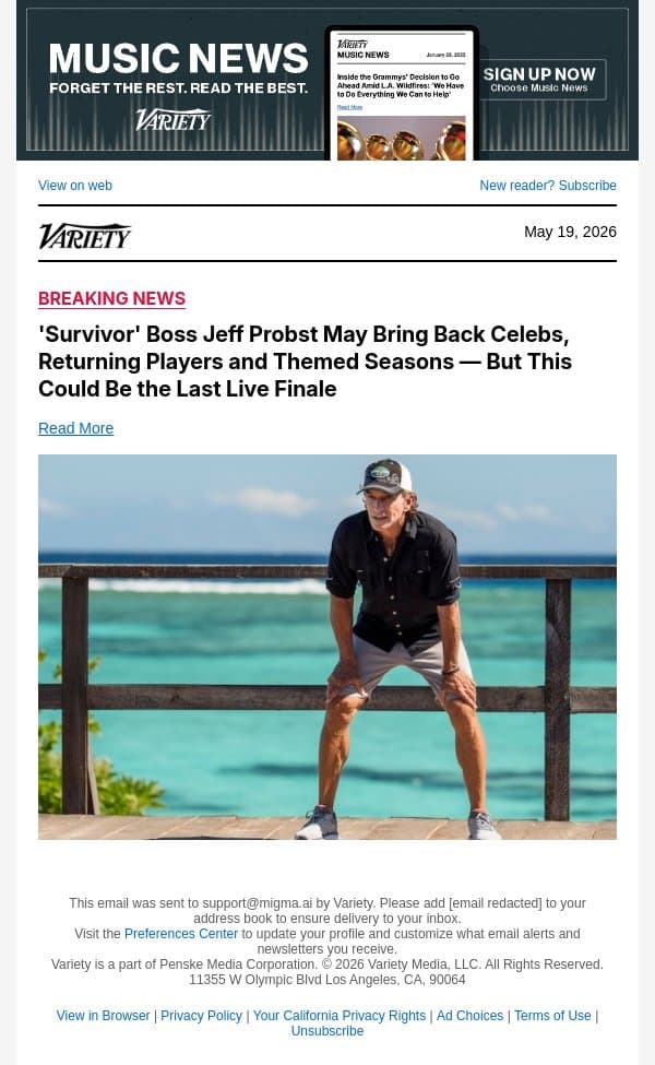 'Survivor' Boss Jeff Probst May Bring Back Celebs, Returning Players and Themed Seasons — But This Could Be the Last Live Finale email from Variety screenshot