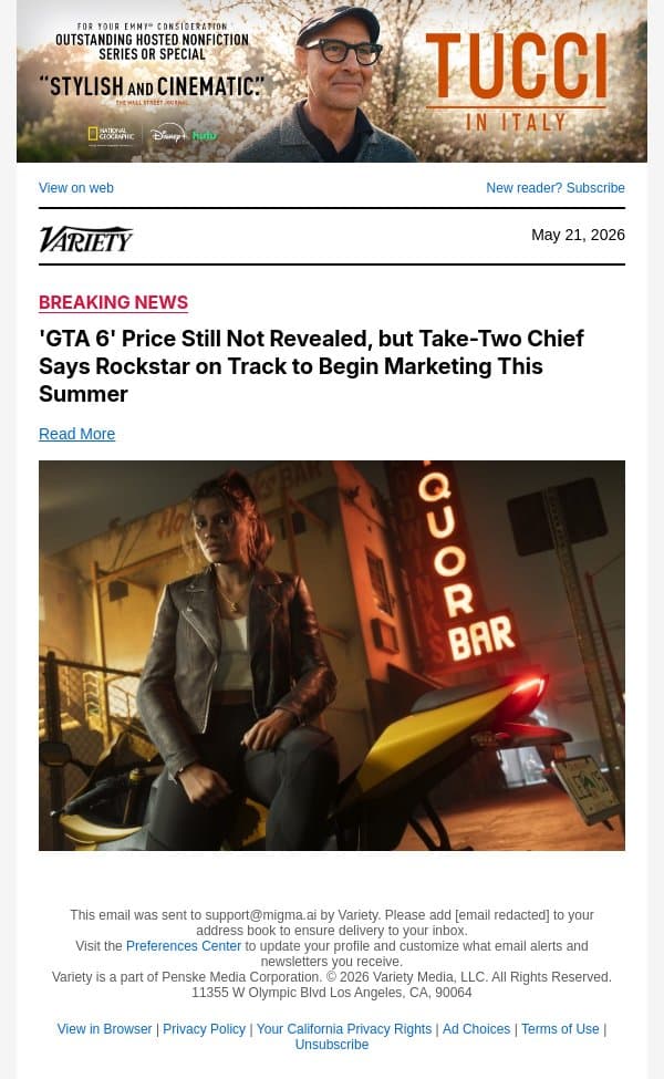 'GTA 6' Price Still Not Revealed, but Take-Two Chief Says Rockstar on Track to Begin Marketing This Summer email from Variety screenshot