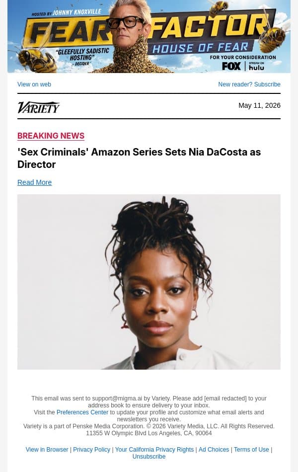 'Sex Criminals' Amazon Series Sets Nia DaCosta as Director email from Variety screenshot