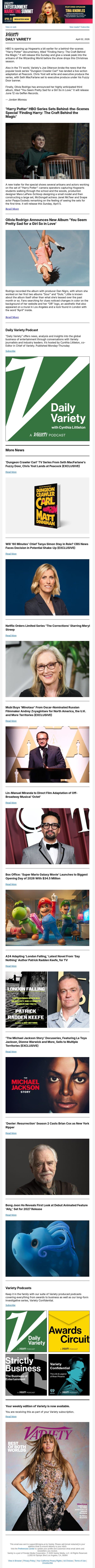 'Harry Potter' Gets Behind-the-Scenes Doc; Olivia Rodrigo's New Album; 'Dungeon Crawler Carl' Show Lands at Peacock email from Variety screenshot