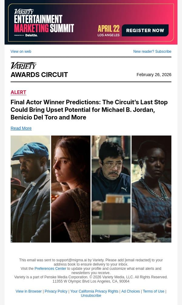 Final Actor Winner Predictions: The Circuit’s Last Stop Could Bring Upset Potential for Michael B. Jordan, Benicio Del Toro and More email from Variety screenshot