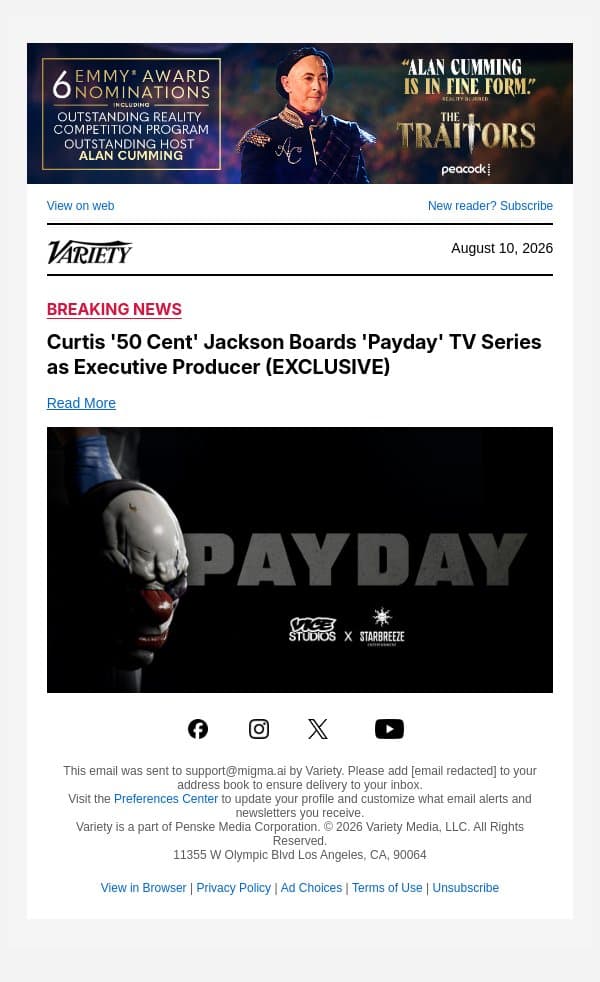 Curtis '50 Cent' Jackson Boards 'Payday' TV Series as Executive Producer (EXCLUSIVE) email from Variety screenshot