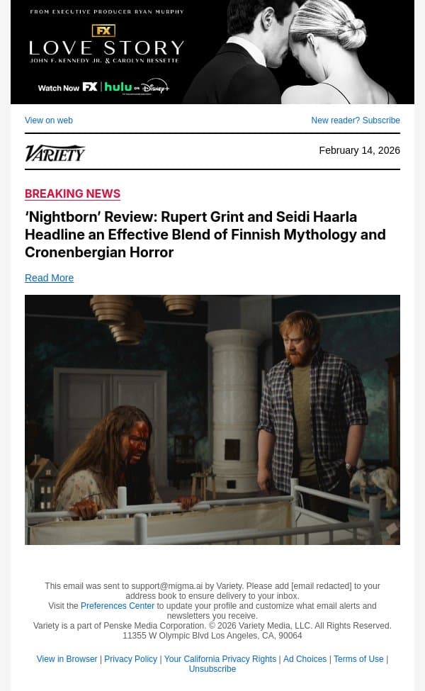 ‘Nightborn’ Review: Rupert Grint and Seidi Haarla Headline an Effective Blend of Finnish Mythology and Cronenbergian Horror email from Variety screenshot