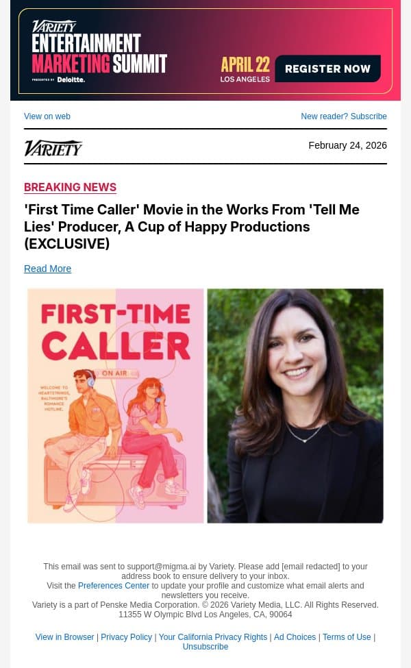 'First Time Caller' Movie in the Works From 'Tell Me Lies' Producer, A Cup of Happy Productions (EXCLUSIVE) email from Variety screenshot