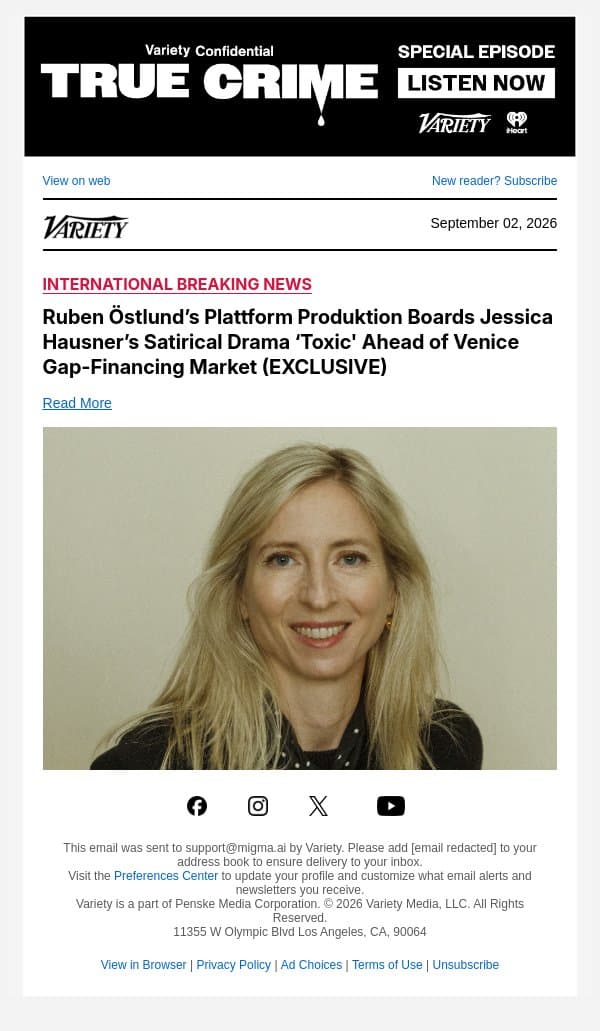 Ruben Östlund’s Plattform Produktion Boards Jessica Hausner’s Satirical Drama ‘Toxic' Ahead of Venice Gap-Financing Market (EXCLUSIVE) email from Variety screenshot