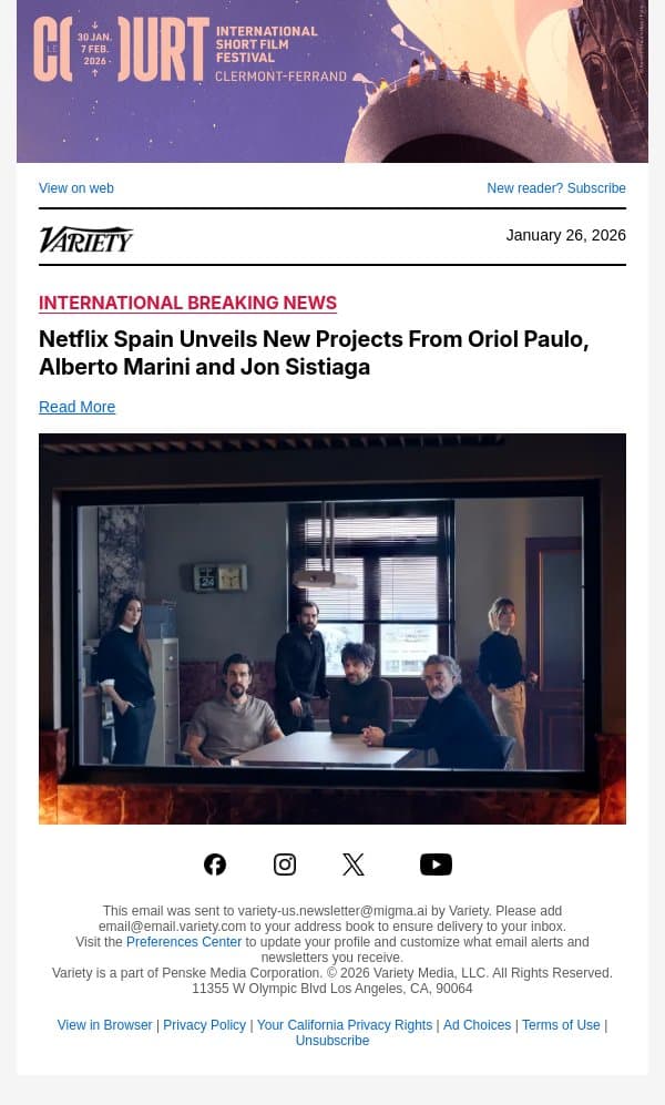 Netflix Spain Unveils New Projects From Oriol Paulo, Alberto Marini and Jon Sistiaga email from Variety screenshot