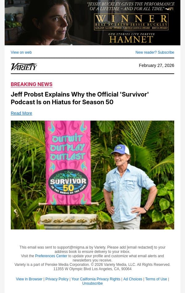 Jeff Probst Explains Why the Official 'Survivor' Podcast Is on Hiatus for Season 50 email from Variety screenshot